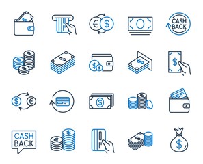 Money line icons. Set of Banking, Wallet and Coins icons. Credit card, Currency exchange and Cashback money service. Euro and Dollar, Cash wallet, exchange. Banking credit card, atm payment. Vector
