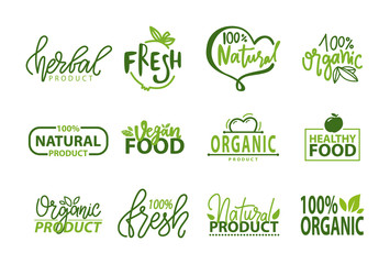 Fresh vegan food label, green poster natural and herbal product, 100 percent organic, healthy product, set of emblem on white, logo for natural food, market sticker vector