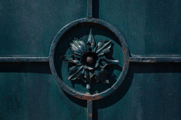 Detail of old wrought iron fence, dark flower in the circle 