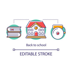 Educational process concept icon. Acquiring knowledge in school building. Lesson beginning, alarm bell. Basic education stage thin line illustration. Vector isolated outline drawing. Editable stroke