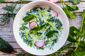 Fresh cold soup with cucumber and herbs.