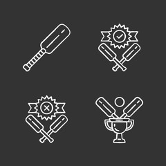 Cricket championship chalk icons set. Sport tournament. Bat, champion cup, win, defeat. Club battle. League competition. Sport contest. Bat and ball team game. Isolated vector chalkboard illustrations