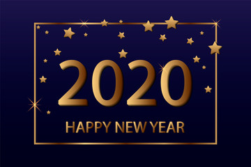 2020 Happy New Year text for greeting card, with gold glitter stars. Vector illustration.