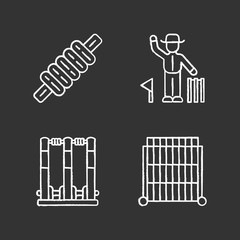 Obraz premium Cricket championship chalk icons set. Sport competition. Bail, stumps, sight screen, umpire. Sporting gear, judge. Club tournament. Athletic activity. Isolated vector chalkboard illustrations