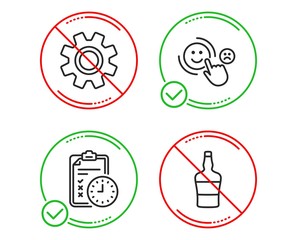 Do or Stop. Exam time, Service and Customer satisfaction icons simple set. Scotch bottle sign. Checklist, Cogwheel gear, Happy smile. Brandy alcohol. Line exam time do icon. Prohibited ban stop