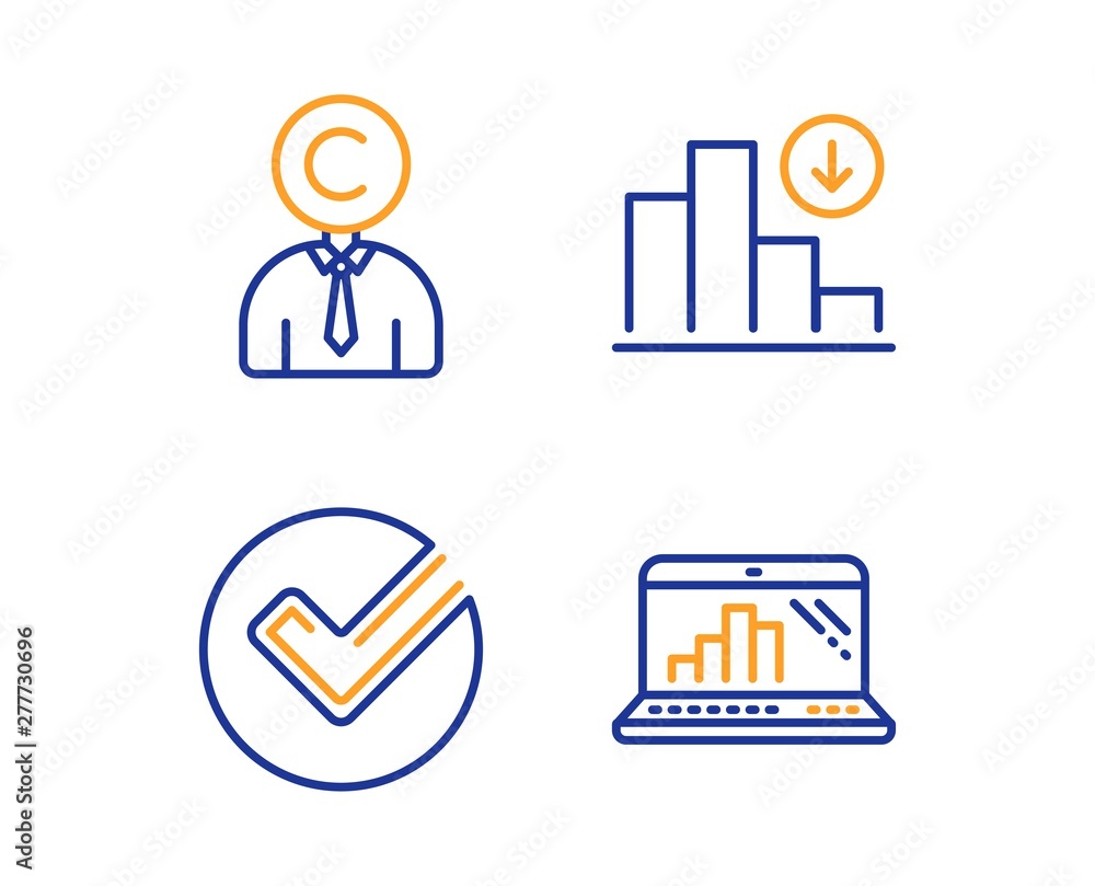 Poster copyrighter, verify and decreasing graph icons simple set. graph laptop sign. writer person, selecte