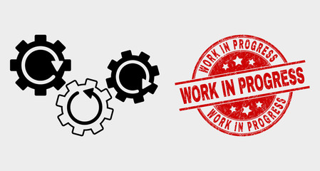 Vector gear mechanism pictogram and Work in Progress seal stamp. Red rounded scratched stamp with Work in Progress text. Vector combination for gear mechanism in flat style.