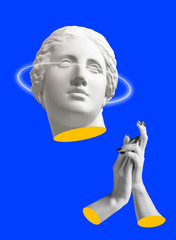 Modern conceptual art poster with ancient statue of bust of Venus. Collage of contemporary art.