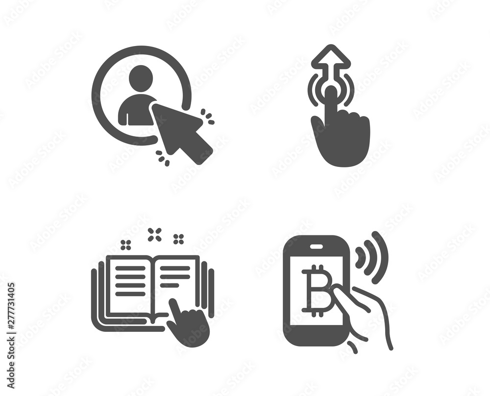 Poster set of swipe up, user and technical documentation icons. bitcoin pay sign. touch technology, project