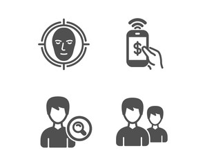 Set of Search people, Phone payment and Face detect icons. Couple sign. Find profile, Mobile pay, Select target. Two male users.  Classic design search people icon. Flat design. Vector