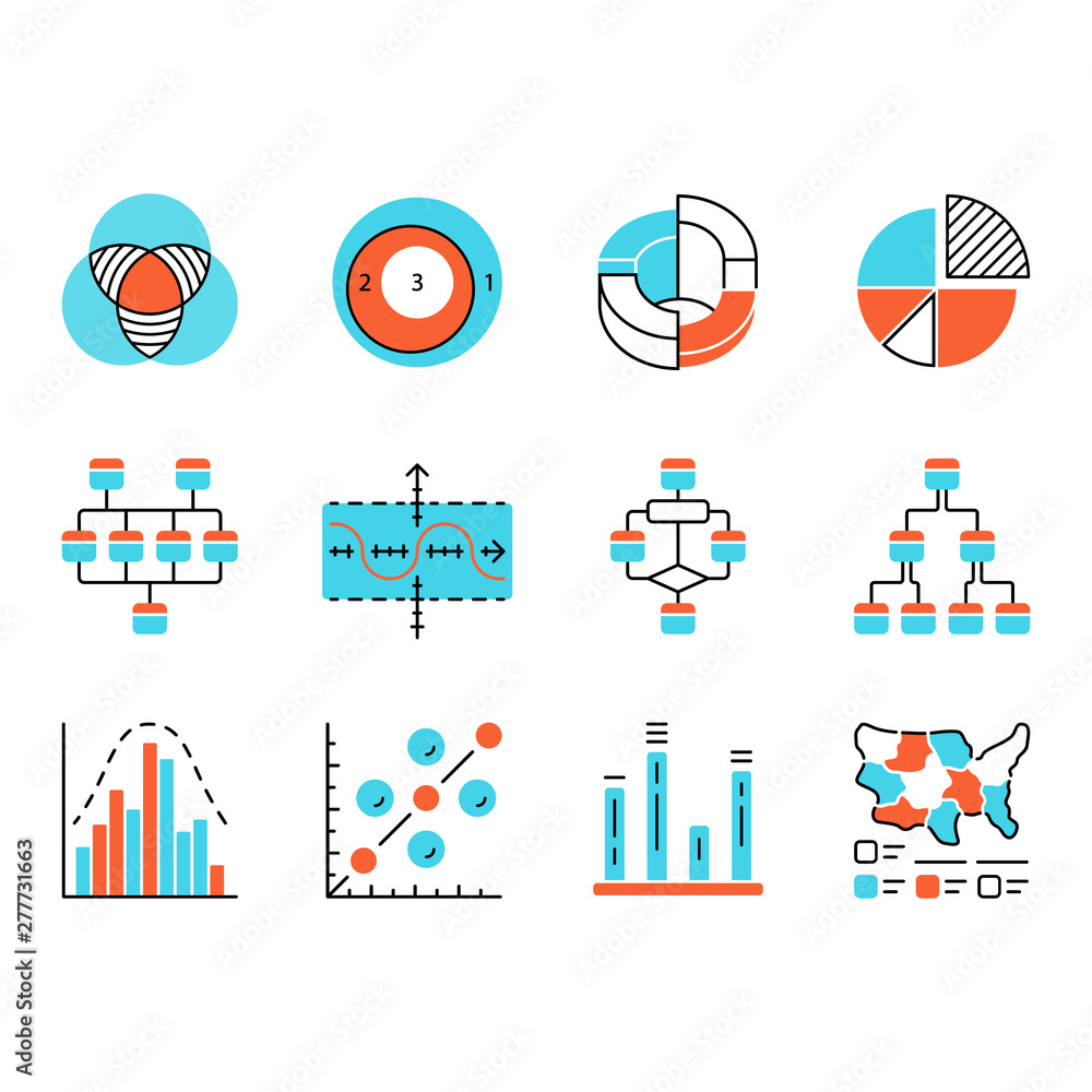 Aufkleber diagram color icons set. schematic representation of info. statistics data visualization. analytical