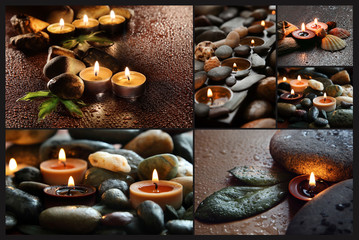 Collage of Spa details, candles and stone.