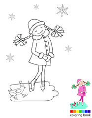 Coloring book. Winter, the girl at the rink. Winter vacation. Hand-drawn. Vector