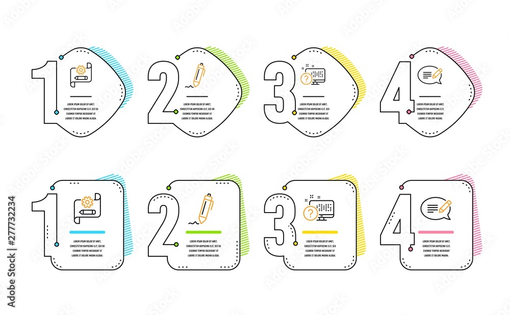 Poster online quiz, signature and cogwheel blueprint icons simple set. message sign. web support, written p