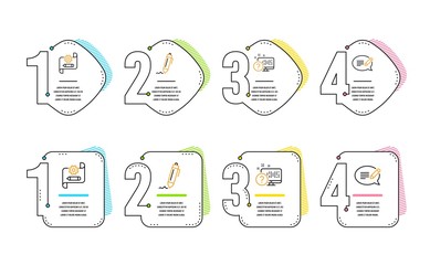 Online quiz, Signature and Cogwheel blueprint icons simple set. Message sign. Web support, Written pen, Edit settings. Speech bubble. Science set. Infographic timeline. Line online quiz icon. Vector