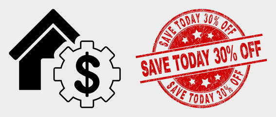 Vector house financial settings icon and Save Today 30% Off seal stamp. Red round grunge seal stamp with Save Today 30% Off caption. Vector combination for house financial settings in flat style.