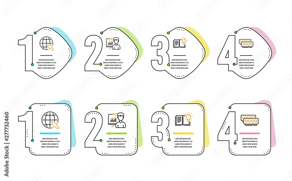 Aufkleber presentation, internet and product knowledge icons simple set. ram sign. education board, world web,