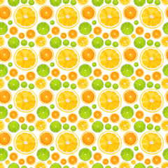 Lemon, lime, orange slices seamless pattern on white. Print design summer fruits.