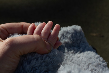 Gently holding a babies small hand