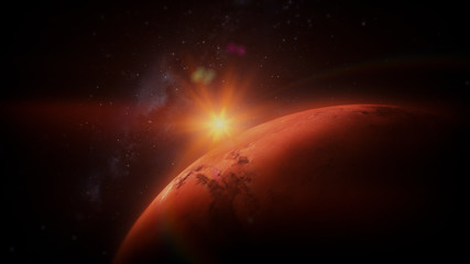 View Onto Planet Mars With Sun In Background