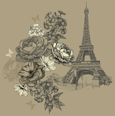 Eiffel Tower in Paris with flowers, vintage background. Hand drawing, vector illustration.