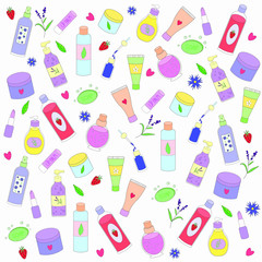 Vector illustration. Colorful, cartoon, cute pattern with different cosmetics. Seamless makeup pattern. White background. 