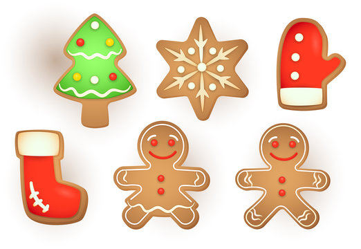 Set of Christmas gingerbread cartoon illustration. Glove, boot, Christmas tree, snowflake. Christmas concept. Vector illustration can be used for topics like holiday, celebration, food