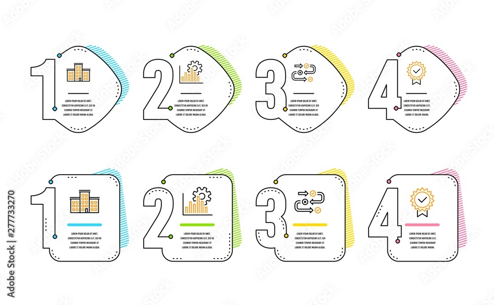 Poster seo graph, company and survey progress icons simple set. certificate sign. analytics chart, building
