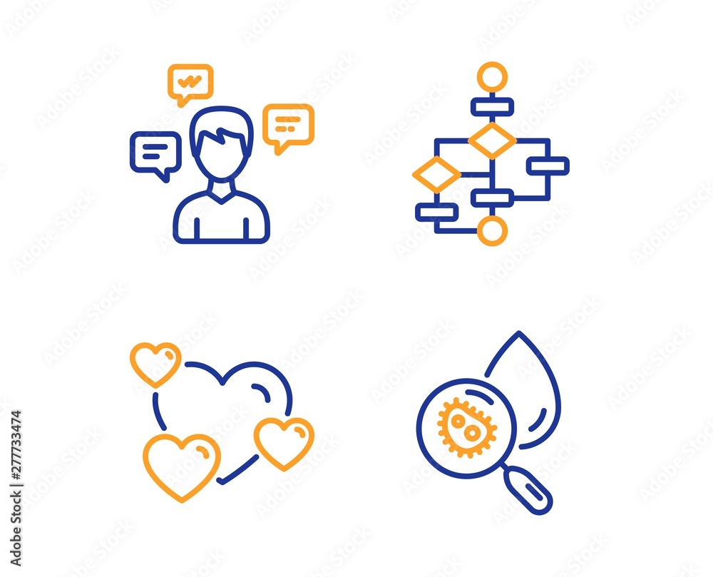 Poster conversation messages, heart and block diagram icons simple set. water analysis sign. communication,