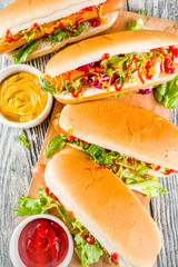 Homemade hot dogs with sauces