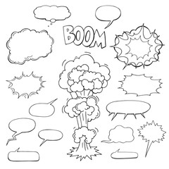 sketch of comic elements, speech bubbles, explosion