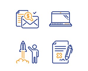 Accounting report, Launch project and Laptop icons simple set. Reject file sign. Check finance, Business innovation, Computer. Decline agreement. Technology set. Linear accounting report icon. Vector