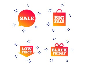 Sale speech bubble icon. Black friday gift box symbol. Big sale shopping bag. Low price arrow sign. Random dynamic shapes. Gradient sale icon. Vector