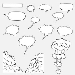 set of hand-drawn speech bubbles on gray, vector illustration