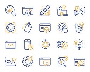 Seo line icons. Website stats, Target and Increase sales signs. Traffic management, social network and seo optimization icons. Gear wheel, Search engine and increase mobile sales. Vector