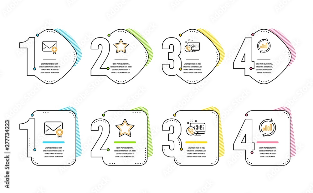 Poster web call, star and verified mail icons simple set. update data sign. phone support, best rank, confi