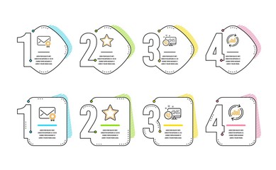 Web call, Star and Verified mail icons simple set. Update data sign. Phone support, Best rank, Confirmed e-mail. Sales chart. Technology set. Infographic timeline. Line web call icon. Vector
