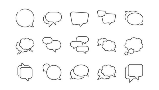 Speech bubbles line icons. Social media message, comic bubbles and chat. Think sticker, Comment speech and talk bubble icons. Linear set. Vector