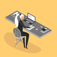 Young white woman character working on a computer. Programmer programming soft and write script code. Trendy flat style. Vector illustration.