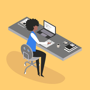Young black woman character working on a computer. Programmer programming soft and write script code. Trendy flat style. Vector illustration.