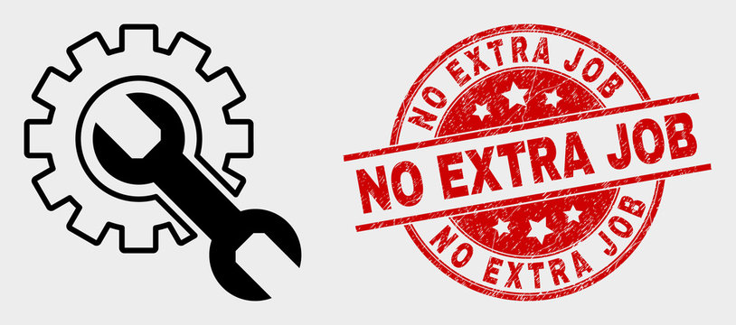 Vector setup tools pictogram and No Extra Job watermark. Red rounded distress watermark with No Extra Job caption. Vector composition for setup tools in flat style. Black isolated setup tools symbol.