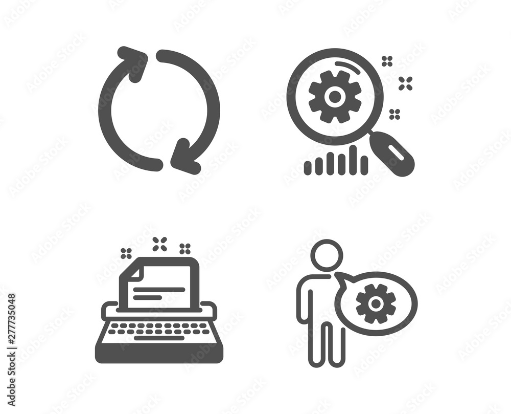 Poster set of search statistics, typewriter and refresh icons. cogwheel sign. analysis, instruction, rotati