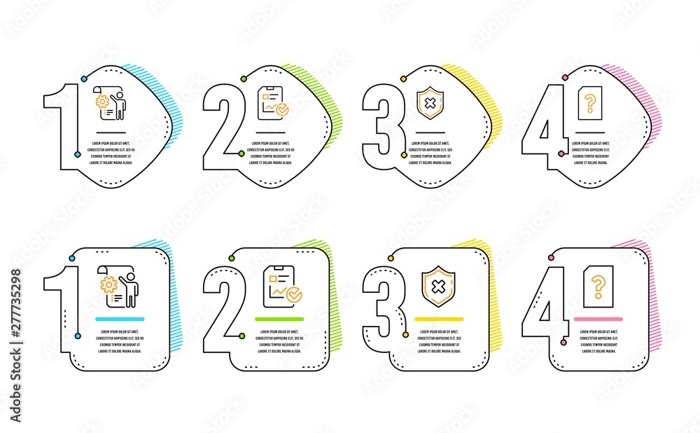 Poster settings blueprint, report checklist and reject protection icons simple set. unknown file sign. engi