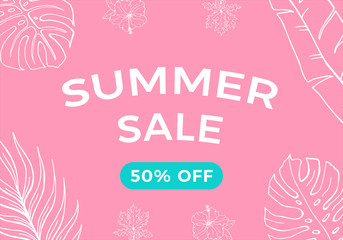 Summer sale banner with tropical leaves background, exotic floral design for banner, flyer, invitation, poster, web site or greeting card.  Discount vector illustration with pink and blue colors.