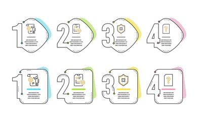 Settings blueprint, Report checklist and Reject protection icons simple set. Unknown file sign. Engineering cogwheel, Sales growth file, No security. Doc with question mark. Technology set. Vector