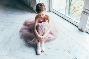 Young classical ballet dancer girl in dance class. Beautiful graceful ballerina in pink tutu skirt...