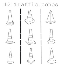 Set of the outline vector illustrations of 12 traffic cones
