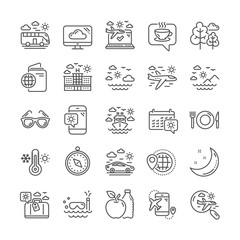 Travel line icons. Passport, Check in airport, Luggage icons. Airplane flight, Sunglasses, Hotel building. Passport check in document, Sea diving. Restaurant hotel food, luggage travel. Vector