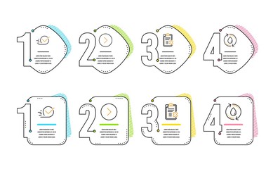Forward, Checkbox and Reject checklist icons simple set. Refill water sign. Next direction, Approved, Decline file. Recycle aqua. Technology set. Infographic timeline. Line forward icon. Vector