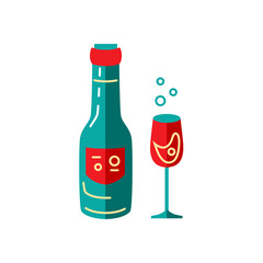 Wine glass and bottle vector illustration isolated on white background. Flat and line style design.